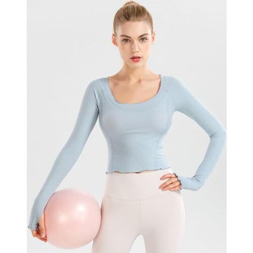 Sports Fitness Women Yoga Short Shirt Elastic Quick Dry Sky Blue Pink White Female Ruffle Gym Crop Top