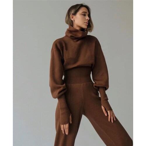 New Fashion Two Piece Set Women Sweater Pullover Long Sleeve Turtleneck Tops High Waist Knit Pants Casual Sportwear Ladies Sets