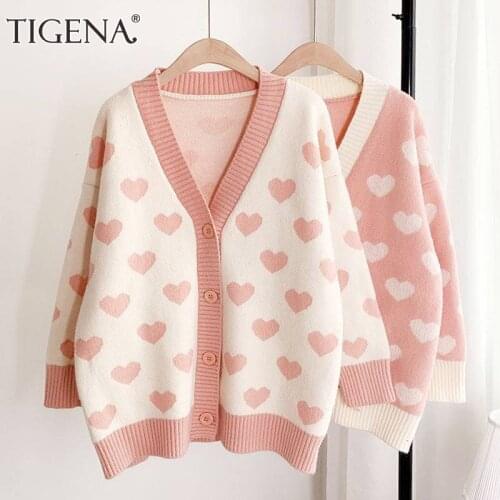TIGENA Korean Cute Kawaii Pink Sweater Cardigan Women 2021 Autumn Winter Harajuku Heart Print Loose Knit Jacket Coat Female Tops