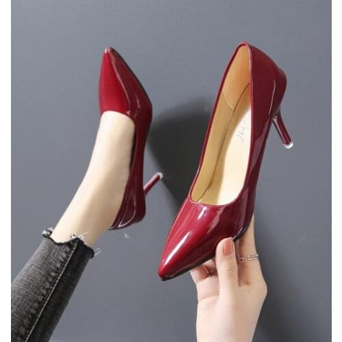 Patent Leather Womens Pumps 2021 8cm Thin High Heel Solid Slip-On Shallow Wedding Party Official Elegent Shoes