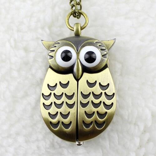 2018 Vintage Bronze Retro Slide Smart Owl Pocket Pendant Long Necklace Watch