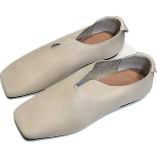 Women Genuine Leather Flats Shoes Square Toe Comfortable Soft Leather Slip On Loafers Casual Woman Footwear