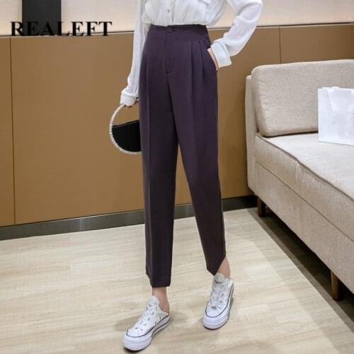 REALEFT Autumn 2021 New Formal Womens Harem Pants Button High Waist Chic Female Workwear Elegant Ankle Length Trouses Pockets