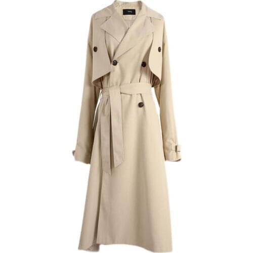 Women Long Trench Coats Top Korean 2021Spring Autumn Elegant Double-Breasted Long Windbreaker Jacket Loose Overcoat Belted Coat