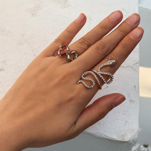 Youvanic Fashion Punk CZ Crystal Snake Ring Gold Geometry Wedding Rings For Women Luxury Rhinestone Open Ring Party Jewelry 0337