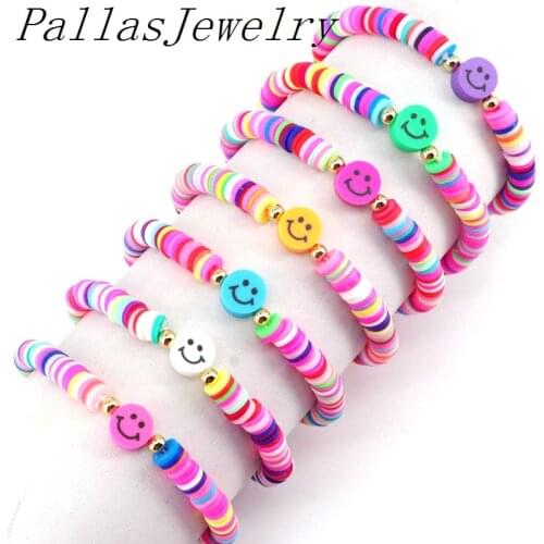 10Pcs New Smile Face Bracelet For Women Colorful Bracelets Jewellery Heishi Dics Beaded Polymer Clay Pulseras Mujer Moda