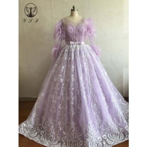 2020 New Arrival O Neck Beaded Heavily Long Sleeve Feather Bling Bling Glitter Fabric Ball Gown Prom Dresses