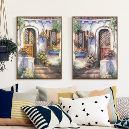 No frame Mediterranean sea house flower scenery canvas printings oil painting printed on canvas living room wall art decoration