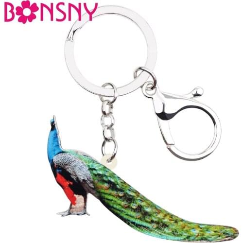 Bonsny Acrylic Peacock Peafowl Bird Key Chains Keychain Holder Fashion Animal Jewelry For Women Girls Bag Wallet Car Charms Gift