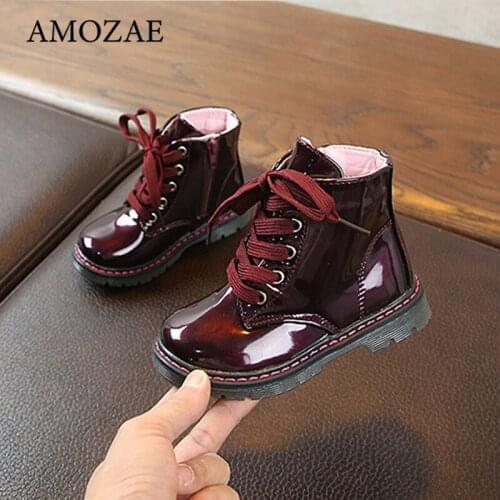 Kids Boots Patent Leather Ankle Boots For Girls Childrens Shoes Fashion Non-slip Soft Waterproof Lacing Up Toddler Short Boots
