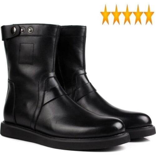 Genuine Top Quality Men Cow Leather Boots Thick Flats Motor Biker Shoes With Button Fashion Mid-Calf Botas Male Footwear