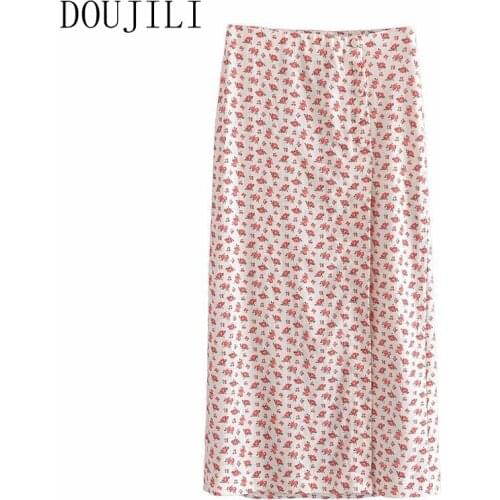 DOUJILI Sweet Long Skirt Popular Style Red Flower Printing Fashion Women Skirts For Ladies Girls Summer