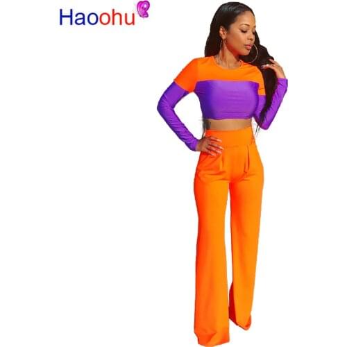 HAOOHU 2 Piece Set Women Rave Festival Clothing Long Sleeve Crop Top and Flare Pant Sexy Fall Outfits Two Piece Matching Sets