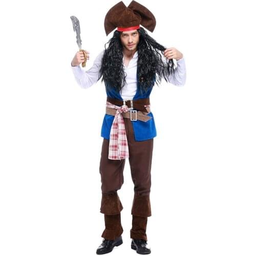 Caribbean Captain Pirate Jack Sparrow Adult Fancy Dress Ahoy Matey Halloween Cosplay Costume Men Carnival Party Stage Wear