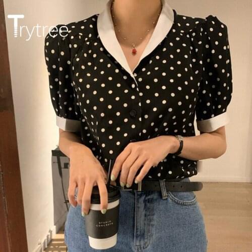 Trytree Summer Women Casual Blouse Turn-down Collar Single Breasted Puff Sleeve Dot Fashion All-Purpose Style Vintage Blouse Top