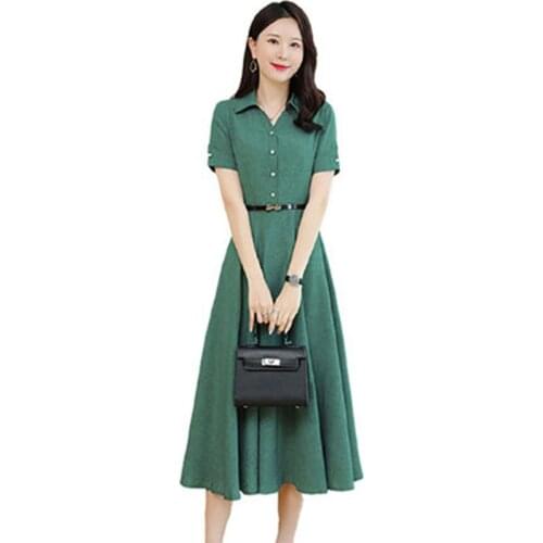 New Elegant Summer Women Slim Dress 2021 Fashion Office Cotton Linen Dresses Shirt collar Short-sleeved Belt Long vestir OK735