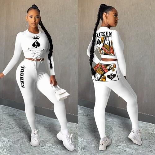 Sexy Corset Bandage Top 2 Pieces Sets Printed Pokder Q Autumn Outfit Long Sleeve O Neck Crop Top and Long Pants Plus Szie S-4XL