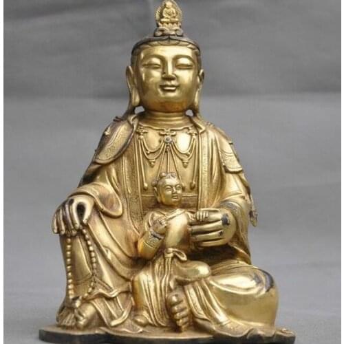 Old Chinese bronze Gilt Buddhism boy Kwan-Yin Guanyin Bodhisattva Buddha statue