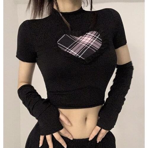 Womens T-Shirt Y2K Harajuku Gothic Graphic T-Shirts Black Pastel Punk E-Girl Sweet Ruffles Women Bodycon Crop Tops Streetwear