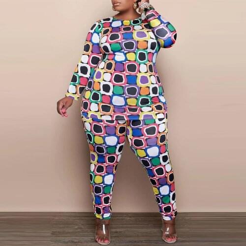 ZJFZML ZZ Women Clothing Two Piece Tracksuit Plus Size Geometric Print Long Sleeve T-shirt+slim Legging Dropshipping Wholesale