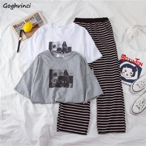 Women Sets Summer Chic Harajuku Print Tees Basic Tops Soft Trendy High Waist Wide Leg Pants Female Clothing Korean Style Outfits