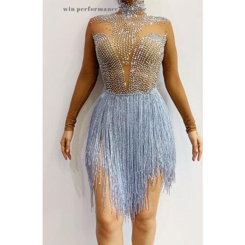 Custom Shining Rhinestones Fringes Women Birthday Prom Celebrate Transparent Tassel LatinDress Female Performance Dance Costume