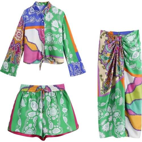 2021 New Women Summer Two piece set Cropped Shirt & Pleated Skirt & Shorts Casual Fashion Chic Lady Women Outfit ensemble femme