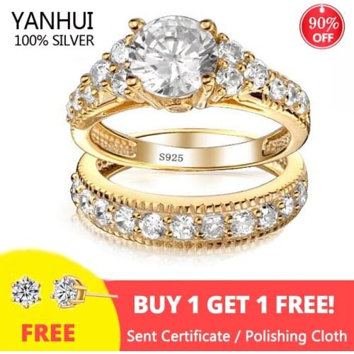 With Certificate 925 Sterling Silver Wedding Band Nigeria Jewelry 18K Gold Color 2.0ct Zirconia Diamond Rings Sets For Women