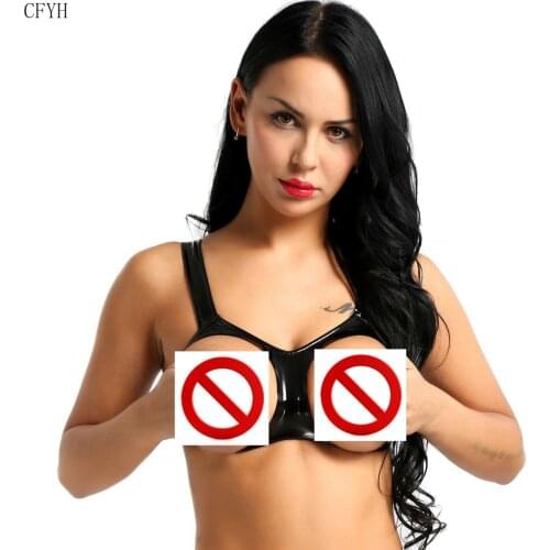Womens Sexy Open Cups Bra Erotic Lingerie Wetlook Faux Leather Fetish Bra Cut Erotic Breasts Underwear Open Bra Crop Top