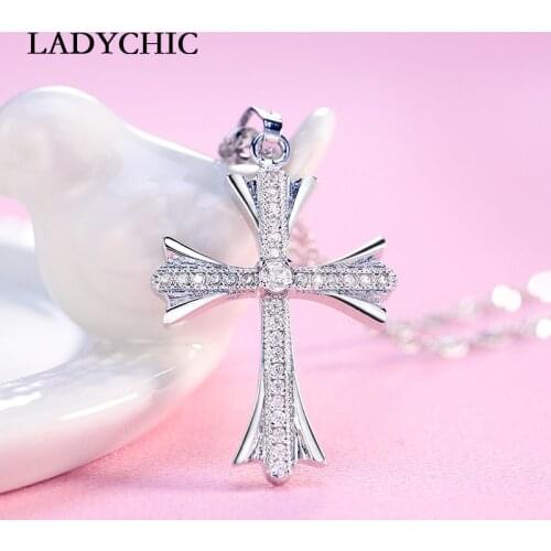 LADYCHIC Classic Cubic Zircon Cross Pendant Elegant Silver Color Christian Jesus Necklaces for Women Jewelry Accessories LN1012