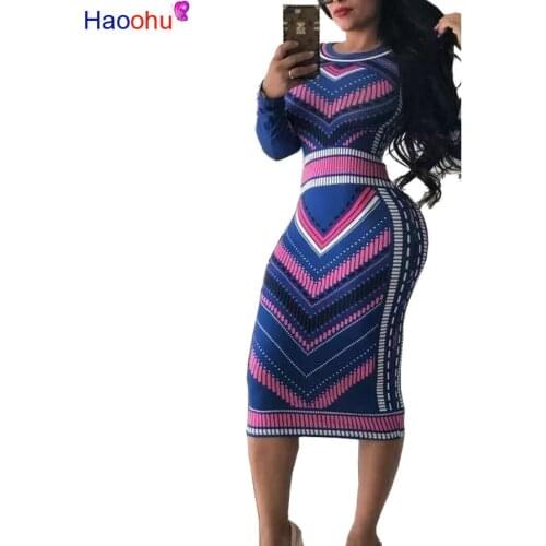 HAOOHU Women O Neck long Sleeve Stitching Pattern printing Slim Wear Work Career Office Cocktail Party Casual Pencil Dresses