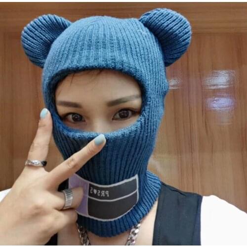 Winter Ski Mask Bear Ears Beanies Knitted Hat Men Women Outdoor Fashion Cute Thick Warm Skullies Beanies Boy Girl Hip Hop Bonnet