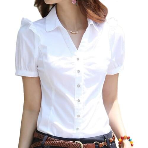 2021 Summer New Women Shirts V-neck Puff Sleeved Solid Office Lady Work White Shirts Outwear Tops Plus Size 4XL 5XL Short Sleeve