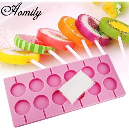 Aomily 3D Lollipop Mold 12 Holes with 12 Sticks DIY Fondant Cake Round Shaped Silicone Bakeware Kitchen Dining Bar Home Party