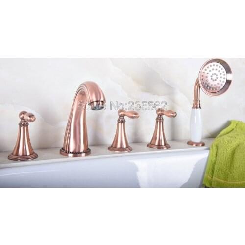 Antique Red Copper Bathroom Tub Sink Faucet with Hand Shower Deck Mounted 5 Holes Three Handles Bathtub Taps ltf197