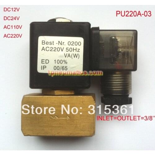 Free Shipping 3/8'' SHAKO Equivalent PU220-03A Solenoid Valve Brass DC12V,DC24V,AC110V or AC220V