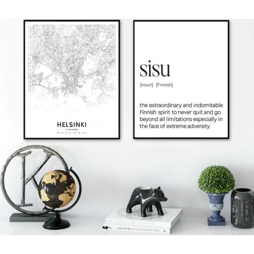 Helsinki Finland City Map Poster Prints Black White Picture Sisu Definition Quote Canvas Painting Finland Living Room Wall Decor
