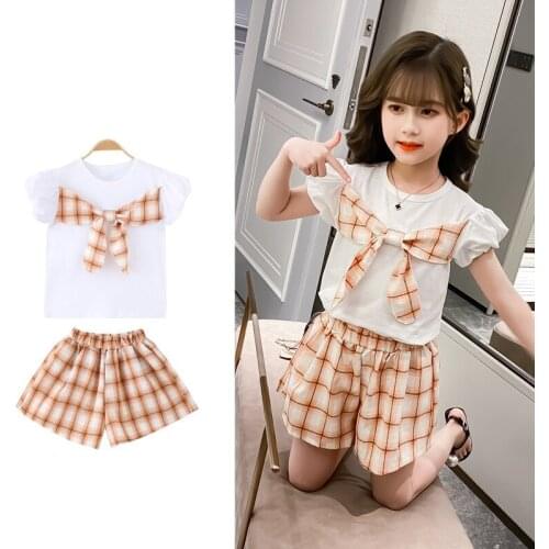 New Summer Girls Clothes Sets Children Clothing Set Fashion Bow T-shirt+Shorts 2 Piece Baby Girl Clothes 4 5 6 8 9 10 12 Years