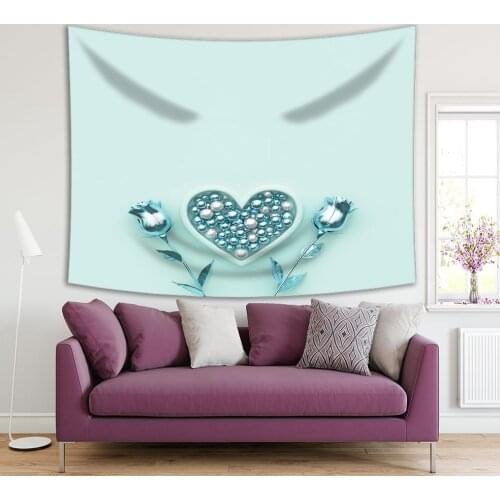 Tapestry Heart and Flowers Rose Buds Metallic Decorating Ornaments Vintage Style Artwork Printed Blue Silver