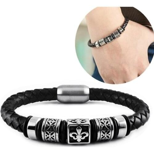 Personality Trend Punk Style Male Star Student Black Leather Engraving Sports Bracelet Jewelry