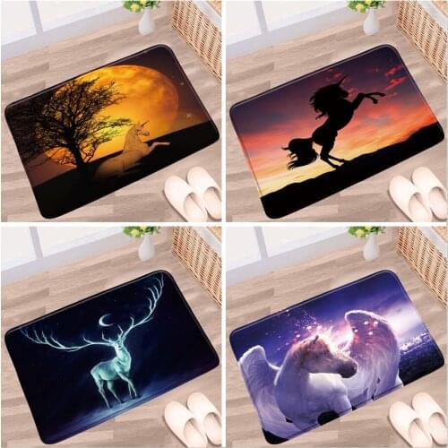 Cosmic Starry Sky Unicorn Bathroom Mat Black Tree Animal Elk Moon Night Scenery Non-Slip Rug Toilet Kitchen Doorway Aisle Carpet