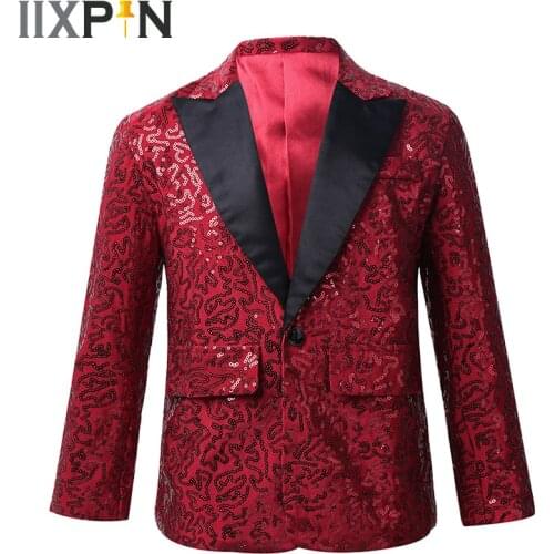 IIXPIN Costumes Kids Boys Jazz Stylish Shiny Sequins Lapel One Button Suit Jacket Coat Blazer Tuxedo for Wedding Banquet Party