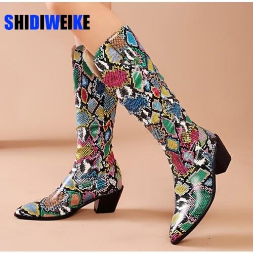 Western Cowboy Knee High Boots Snake Print Women Boots Fashion Strange Style High Heels Long Boots Autumn Winter Woman Shoes