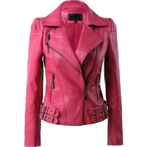Women PU Leather Jacket Spring Long Sleeve Slim Short Coat Ladies Chic Pink Blue Black Motorcycle Jacket Windbreaker Overcoat