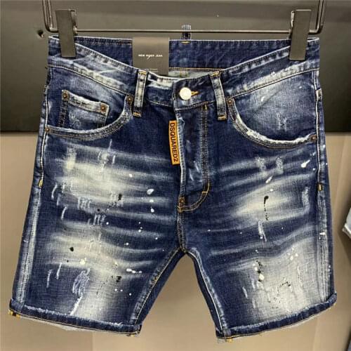 Summer New Dsquared2 Jeans Mens Fashion Slim Paint Micro-Elastic Ripped Denim Shorts Five-Point Pants