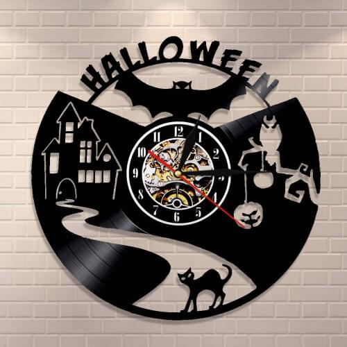 Vampire Bats Home Decor Wall Clock Halloween Vinyl Record Wall Clock Black Cat Silhouette Decorative Wall Clocks Modern Wall Art