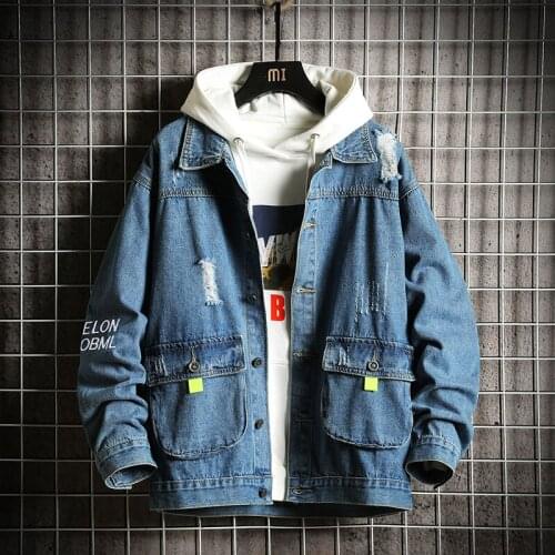 Autumn winter mens clothes 2021 new trendy embroidery brand teenagers denim jacket student ripped hole tooling jacket men