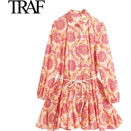 Traf Za Women Clothing Spring Autumn 2021 Long Sleeve Dresses A-line Vintage Floral Print Chic Mini Shirt Dress Boho Dress