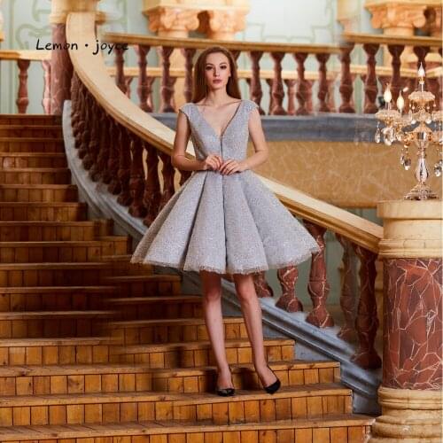 Lemon joyce Gray Homecoming Dresses 2020 Sexy V-neck Cap Sleeves Sequined A-line Party Dress Mini Prom Gown Plus Size