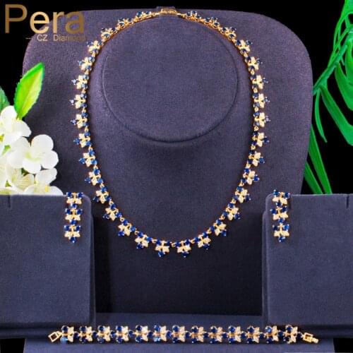 Pera Luxury 3Pcs Royal Blue CZ Stone Dubai Gold Dangle Leaf Earrings Necklace Bracelet Sets for Ladies Wedding Party Jewely J384